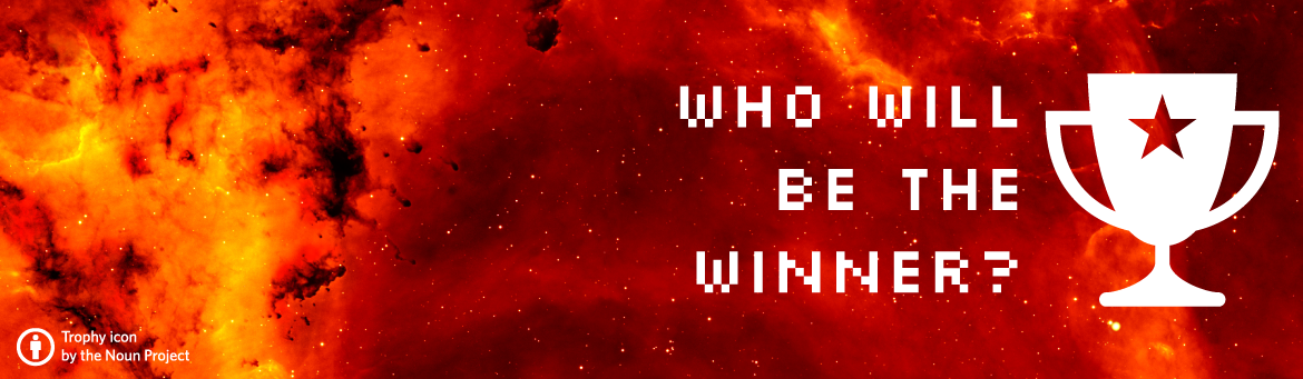 Banner image with a rosette nebula background, pixel-style text saying "Who will be the winner" and a trophy with a star icon on the right-hand side. The trophy icon is from the Noun Project